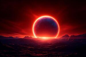 stunning cosmic scene featuring large planet glowing in red hues, set against dark, starry sky. landscape below showcases rugged mountains and valleys, creating dramatic atmosphere photo
