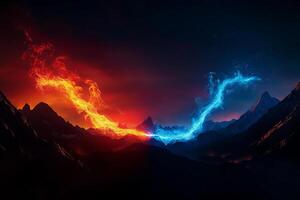 Fiery red and cool blue energy streams connect across mountain landscape, creating dramatic contrast. scene evokes sense of power and balance in nature photo