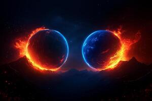 Two vibrant planets, one red with fire and other blue, collide in cosmic scene. fiery atmosphere and mountainous landscape create dramatic and intense visual photo