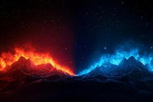 Fiery red and cool blue mountains collide in cosmic scene, showcasing contrast between fire and ice under starry sky. dramatic landscape evokes sense of wonder and tension photo