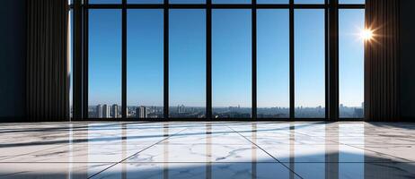 spacious room with white marble floor and large windows showcasing city view. sunlight streams in, creating bright and inviting atmosphere photo