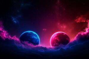 Two planets colliding in cosmic scene, one blue and other red, surrounded by vibrant clouds and starry background, creating dramatic and colorful atmosphere photo