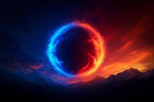 stunning visual of two colliding planets, one fiery red and other icy blue, set against dramatic mountain landscape at sunset. scene evokes sense of cosmic wonder and intensity photo