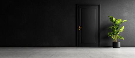 black closed door on gray wall background with green plant in pot creates modern and minimalist atmosphere. contrast between door and wall enhances sleek design photo