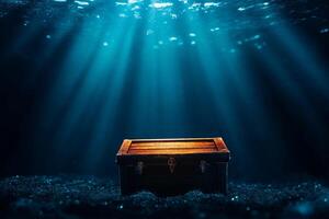 treasure chest rests on ocean floor, illuminated by beams of light filtering through water, creating serene and mysterious underwater scene photo