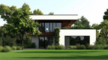 Modern house with glass windows surrounded by greenery and trees, showcasing blend of contemporary architecture and nature. design features clean lines and spacious layout photo