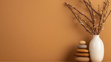 serene still life featuring white vase with branches and stones against beige background, creating calming atmosphere photo