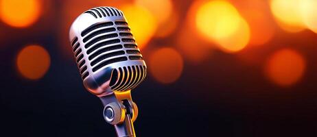 Vintage microphone on orange background, perfect for podcasts and music. warm tones create inviting atmosphere for audio recording and performance photo