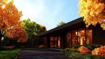 Modern house with large glass windows surrounded by autumn foliage. vibrant orange and yellow leaves create warm atmosphere, enhancing contemporary design photo