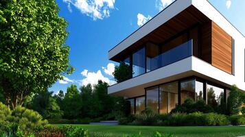 Modern house with large windows, surrounded by greenery and blue sky. architectural design features mix of wood and glass, creating harmonious outdoor space photo