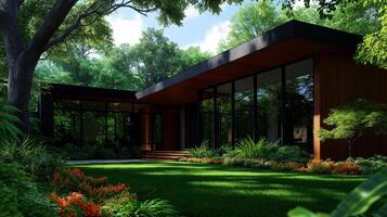 Modern house surrounded by lush greenery and vibrant flowers, featuring large glass windows and sleek design. serene environment enhances beauty of architecture photo