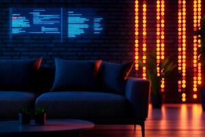 modern smart home interior featuring cozy sofa, illuminated wall, and holographic display. warm lighting creates welcoming atmosphere, perfect for relaxation photo