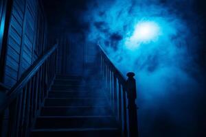 spooky haunted house with staircase shrouded in fog and illuminated by eerie blue light creates chilling atmosphere photo