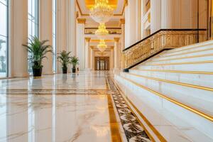 Luxurious hotel lobby with elegant chandeliers, marble floors, and golden accents. spacious area features tall windows and decorative plants, creating sophisticated atmosphere photo