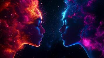 Two ethereal women with vibrant hair colors face each other, their eyes closed, surrounded by cosmic backdrop filled with stars and nebulae, evoking sense of harmony and connection photo