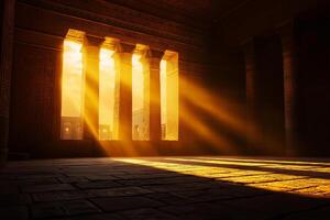 warm sunlight streams through ancient temple columns, illuminating intricate carvings and creating serene atmosphere. interplay of light and shadow enhances historical significance of this sacred photo
