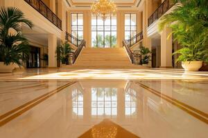 Luxurious hotel lobby with grand staircase, elegant chandelier, and lush plants. polished floor reflects stunning architecture, creating warm and inviting atmosphere photo