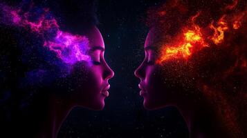 Two women with closed eyes face each other, surrounded by colorful cosmic elements, representing harmony and connection in vibrant universe photo