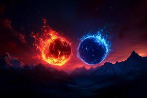 Fiery red and cool blue planets collide in dramatic cosmic scene, surrounded by majestic mountains and starry sky, evoking sense of awe and wonder photo