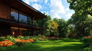 Modern house exterior with lush garden and vibrant flowers, showcasing serene landscape. architectural design blends seamlessly with nature, creating peaceful atmosphere photo