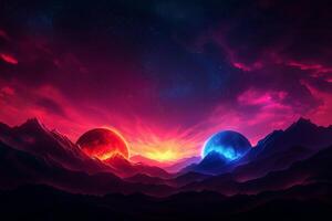 stunning cosmic landscape featuring two planets, one red and one blue, set against vibrant sunset sky. mountains create dramatic foreground, enhancing otherworldly atmosphere photo