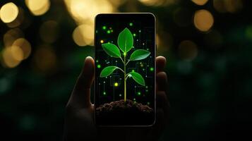 hand holding smartphone displaying digital illustration of seedling growing from soil, surrounded by glowing green elements, symbolizing growth and technology photo