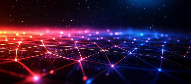 vibrant digital landscape featuring interconnected lines and glowing nodes, creating sense of depth and movement. colors transition from red to blue, evoking futuristic atmosphere photo