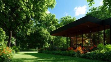 Modern house surrounded by lush greenery and vibrant flowers, showcasing seamless blend of architecture and nature. sunlight filters through trees, creating serene atmosphere photo
