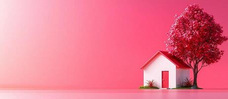 simple house model with vibrant red tree in front, set against pink background, creates cheerful and inviting atmosphere photo