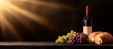 Still life with wine bottle, grapes, and bread on wooden table, illuminated by warm sunlight. perfect setting for cozy gathering or romantic dinner photo