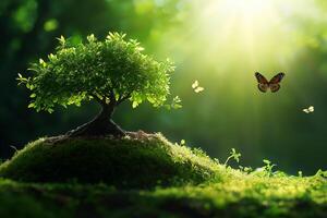 beautiful bonsai tree surrounded by lush greenery and butterflies, illuminated by soft sunlight, creating serene and enchanting atmosphere photo