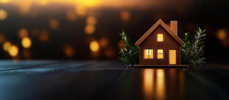 cozy wooden house model with glowing windows, surrounded by greenery, evokes warmth and comfort. blurred background adds dreamy atmosphere photo