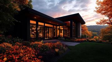 Modern house exterior surrounded by vibrant autumn foliage at sunset, showcasing blend of architecture and nature beauty. warm glow from windows creates cozy atmosphere photo