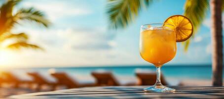 refreshing tropical drink with orange slice on table, surrounded by palm trees and beach view. Perfect for relaxation and enjoyment under sun photo