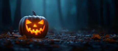 glowing Halloween pumpkin with scary face sits in dark forest, surrounded by fallen leaves. eerie atmosphere enhances spooky vibe of season photo