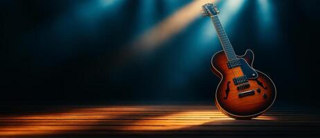 stunning jazz guitar stands on wooden stage, illuminated by soft blue and warm light beams, creating captivating atmosphere for music lovers photo