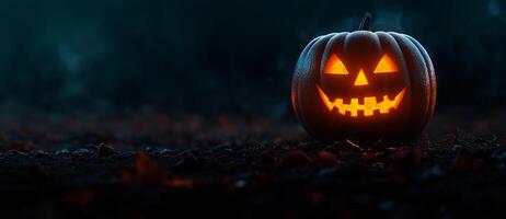 glowing Halloween pumpkin with spooky face, surrounded by fog and darkness, creates eerie atmosphere perfect for season photo