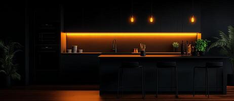 Modern kitchen interior with dark cabinetry, warm lighting, and plants. sleek design features island with bar stools, creating cozy atmosphere for gatherings photo