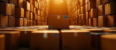 large number of cardboard boxes arranged in endless warehouse, creating warm and inviting atmosphere. light enhances depth and texture of boxes photo