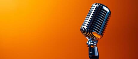 Vintage microphone on orange background, perfect for podcasts and music. This striking image captures essence of sound and creativity in vibrant setting photo