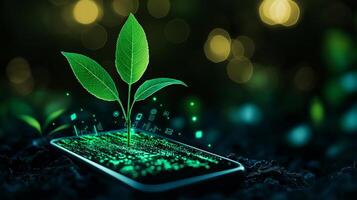 seedling growing from smartphone symbolizes fusion of nature and technology, representing growth and innovation in digital world photo
