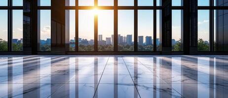spacious interior with white marble floor and large windows showcasing city skyline at sunset. sunlight reflects beautifully on polished surface, creating serene atmosphere photo