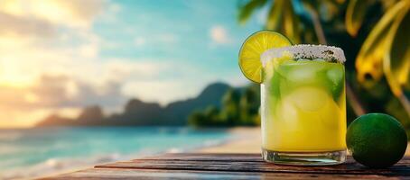 refreshing margarita cocktail with lime and salt sits on wooden table, surrounded by beautiful beach scene. vibrant colors and serene atmosphere evoke sense of relaxation and enjoyment photo