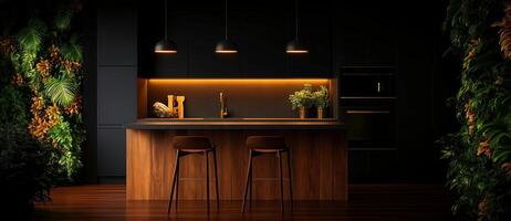 Modern kitchen interior with dark cabinetry, warm lighting, and greenery. stylish island features wooden stools, creating cozy atmosphere perfect for gatherings photo