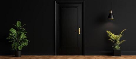 stylish black door on dark wall, complemented by green plants and warm lighting, creates modern and inviting atmosphere photo