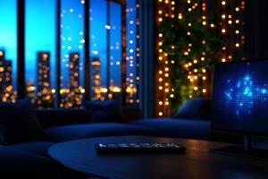 cozy living room with modern TV setup, illuminated by city lights and decorative string lights. ambiance is warm and inviting, perfect for relaxation photo