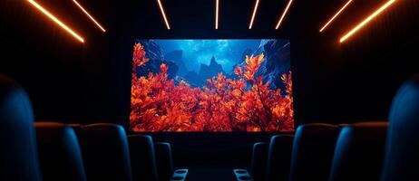 Luxurious home cinema featuring high end leather seating and vibrant screen displaying underwater scenery with colorful coral. perfect space for immersive movie experiences photo