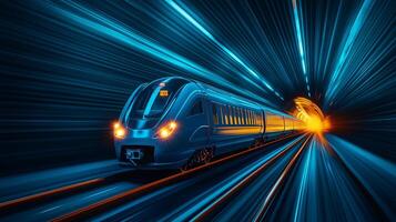 high speed train in blue moving rapidly through glowing tunnel, showcasing dynamic motion and energy. scene captures essence of modern transportation and technology photo