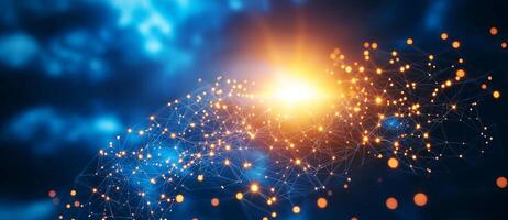 vibrant digital network with glowing nodes and connections, representing technology and innovation. bright light in center adds sense of energy and dynamism photo