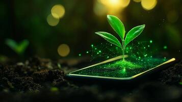 seedling growing from smartphone symbolizes technology and nature harmony. vibrant green leaves and digital elements represent innovation and sustainability photo